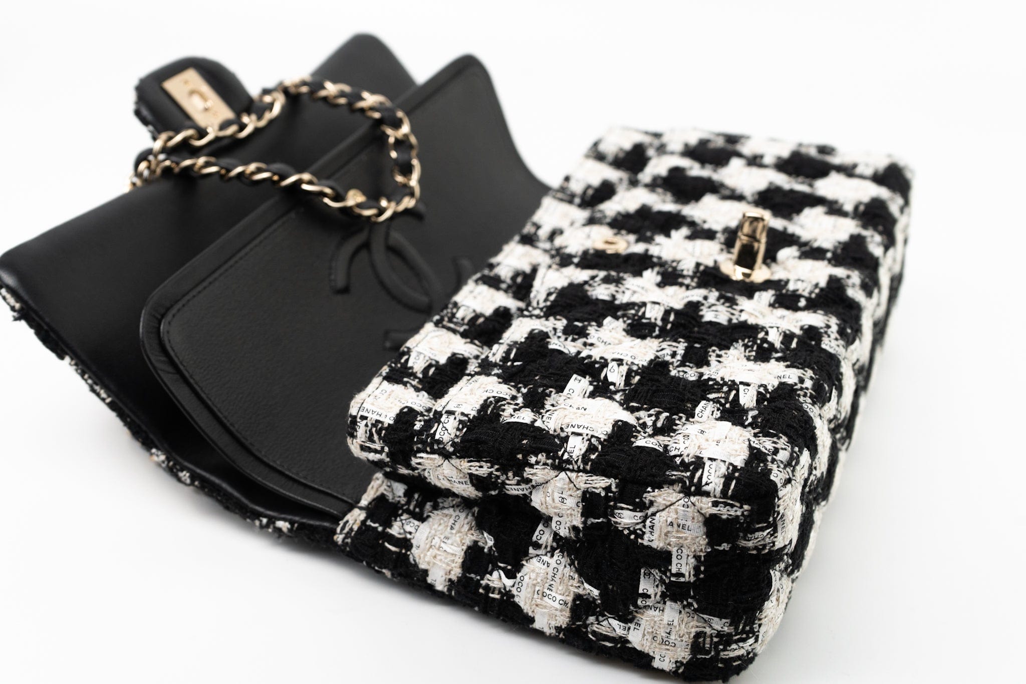 CHANEL Handbag 20S Ecru Black & White Tweed Quilted Medium Classic Flap LGHW - Redeluxe