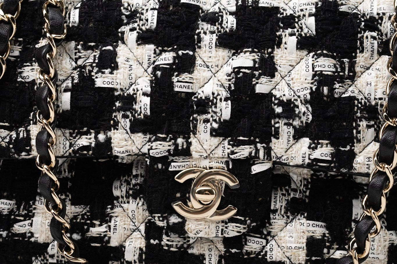 CHANEL Handbag 20S Ecru Black & White Tweed Quilted Medium Classic Flap LGHW - Redeluxe