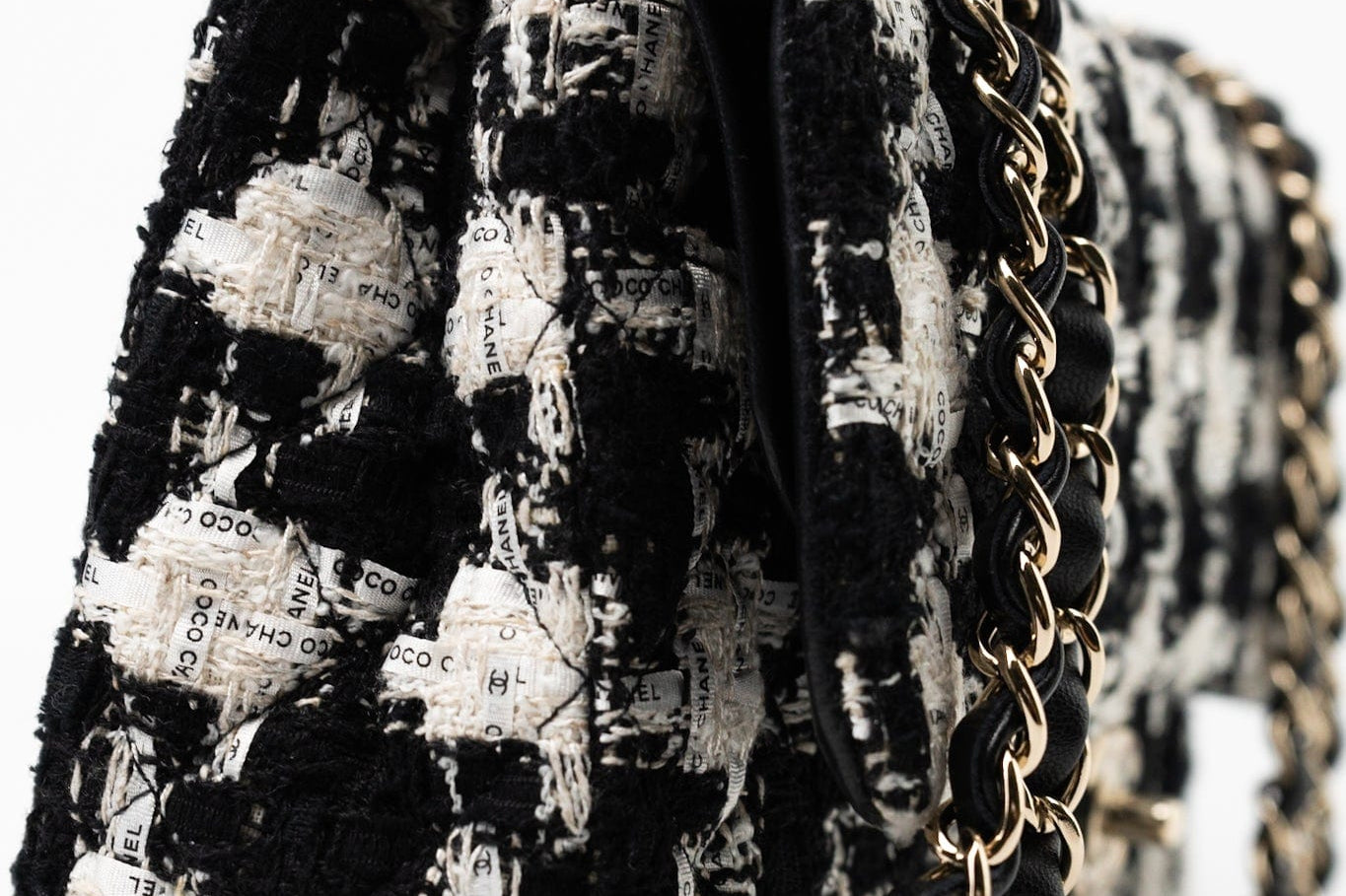 CHANEL Handbag 20S Ecru Black & White Tweed Quilted Medium Classic Flap LGHW - Redeluxe