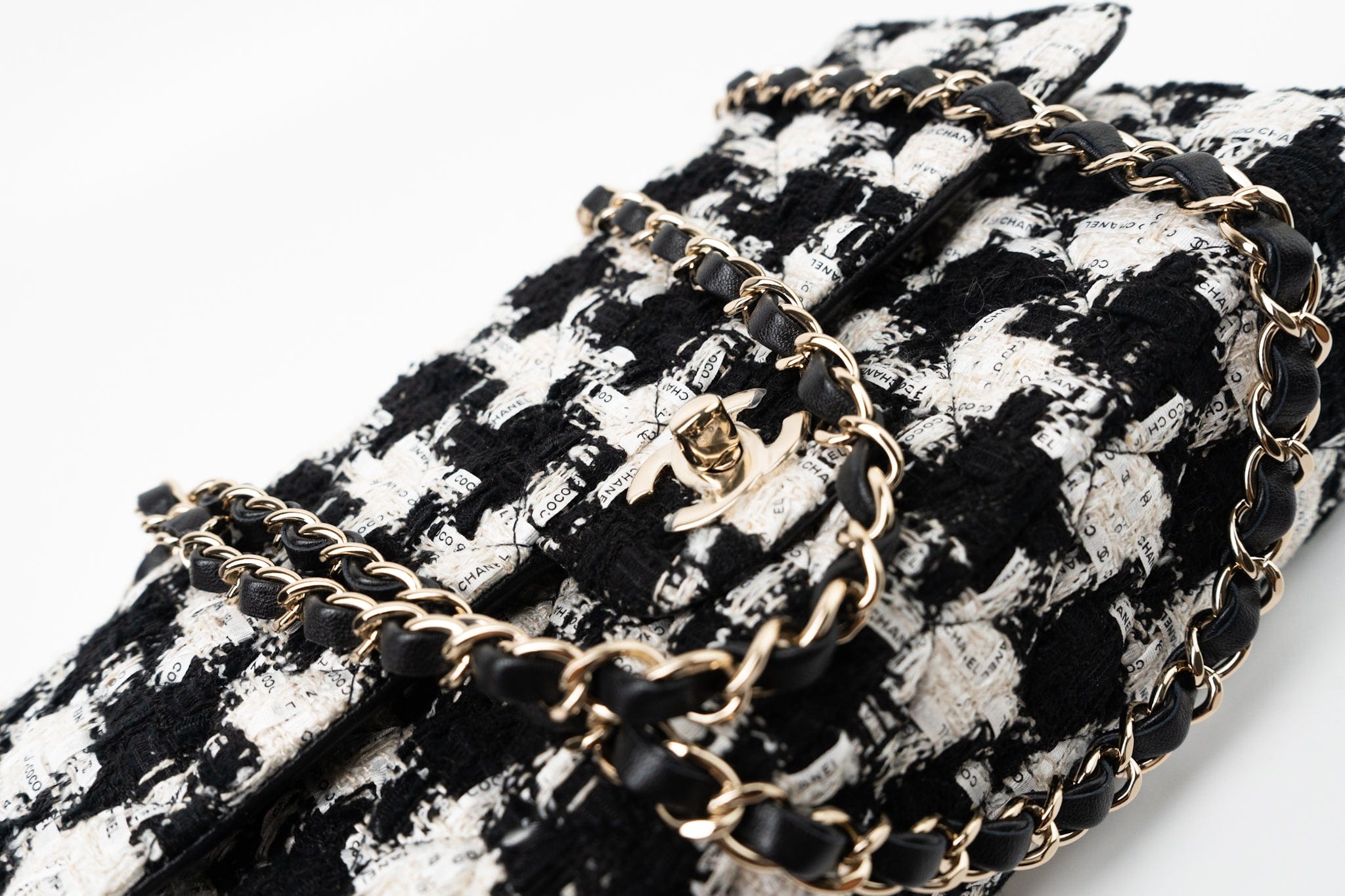 CHANEL Handbag 20S Ecru Black & White Tweed Quilted Medium Classic Flap LGHW - Redeluxe