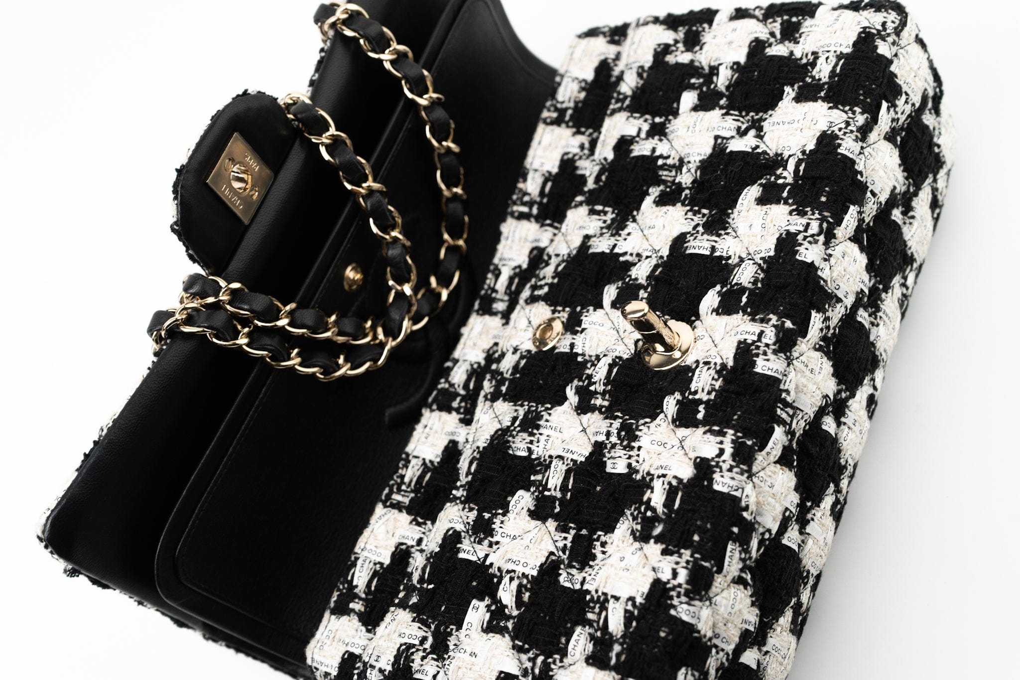 CHANEL Handbag 20S Ecru Black & White Tweed Quilted Medium Classic Flap LGHW - Redeluxe