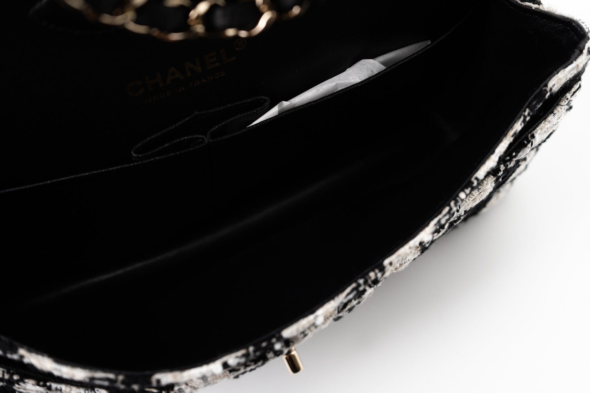 CHANEL Handbag 20S Ecru Black & White Tweed Quilted Medium Classic Flap LGHW - Redeluxe