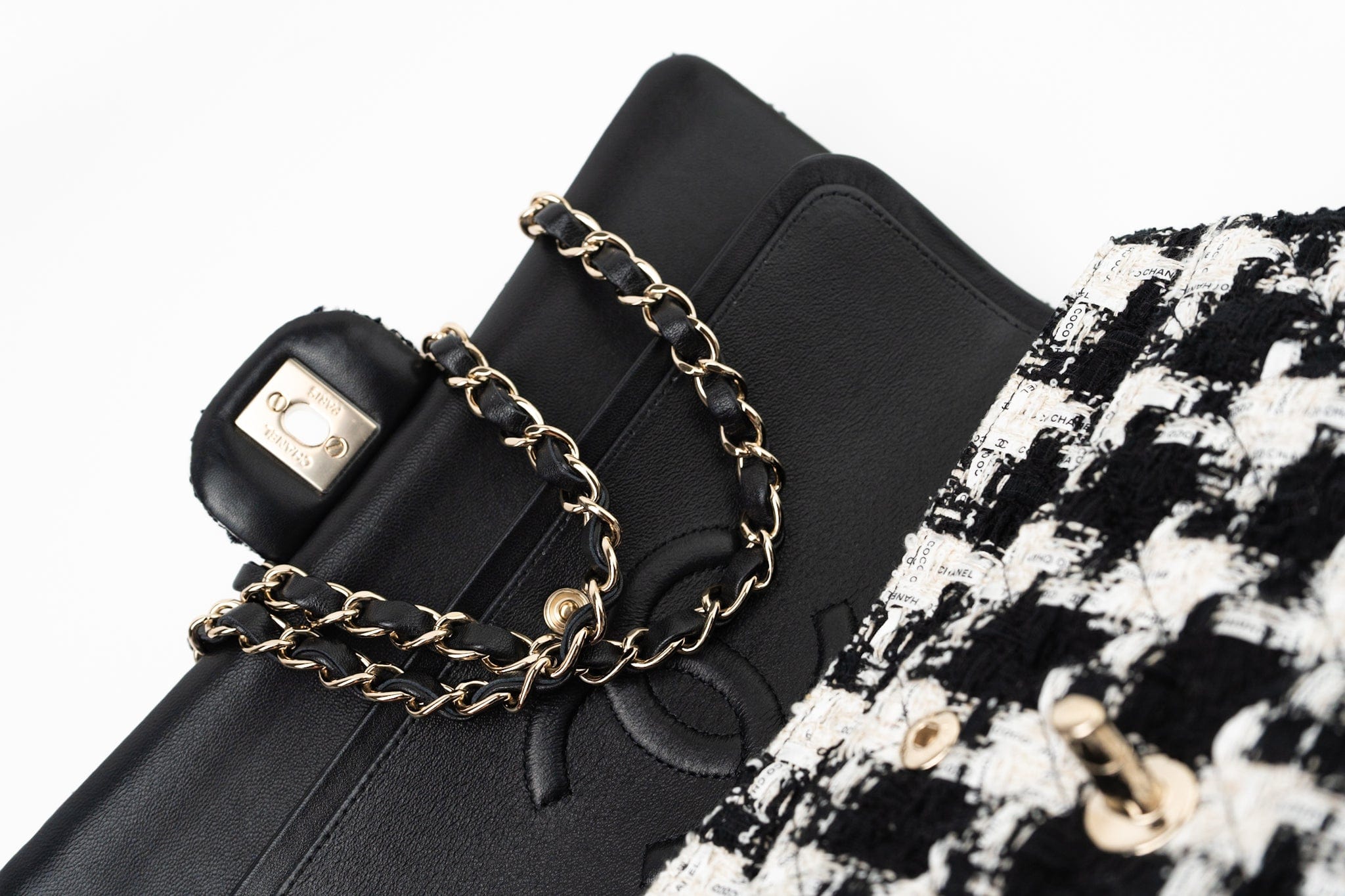 CHANEL Handbag 20S Ecru Black & White Tweed Quilted Medium Classic Flap LGHW - Redeluxe