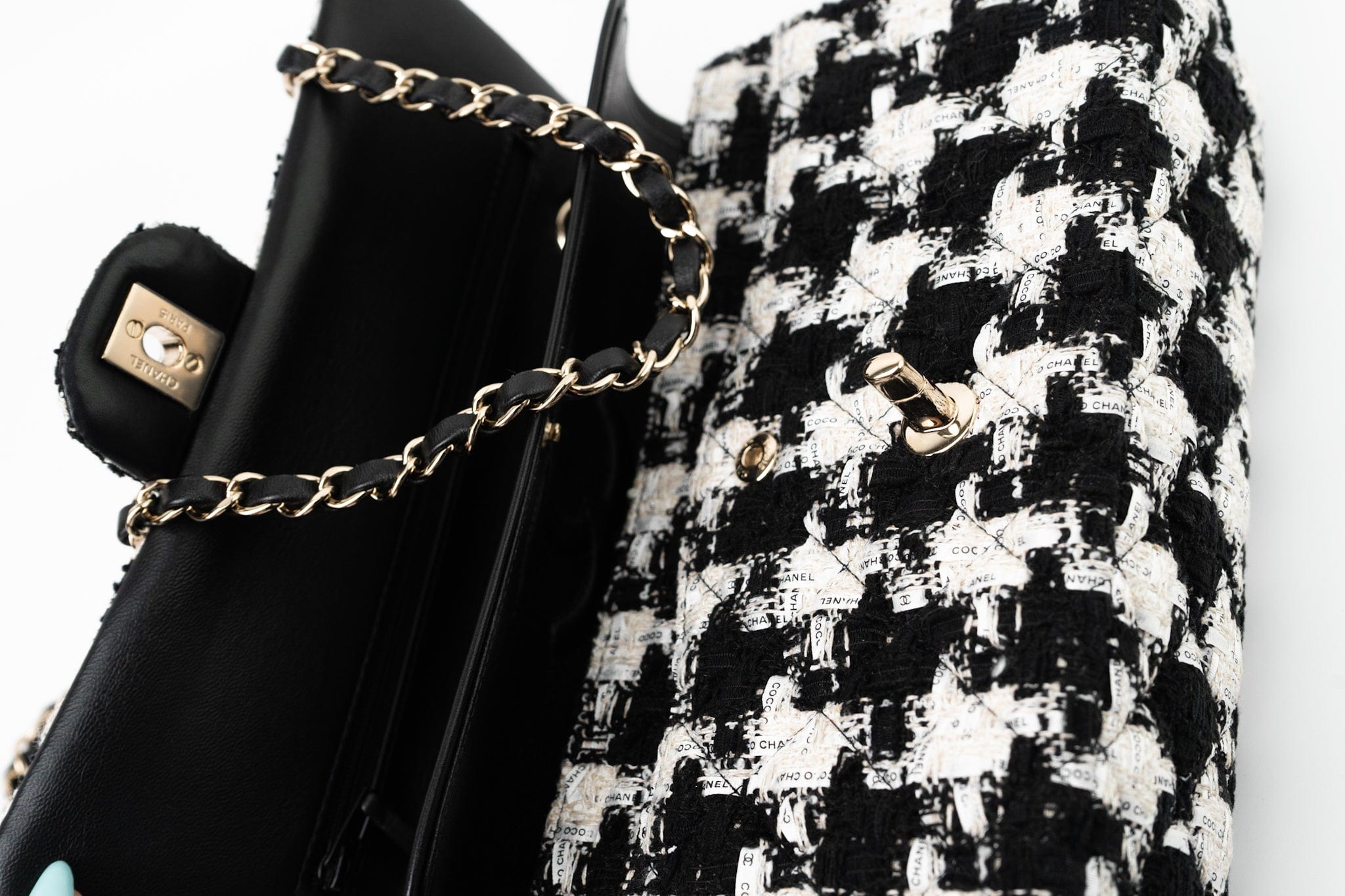 CHANEL Handbag 20S Ecru Black & White Tweed Quilted Medium Classic Flap LGHW - Redeluxe