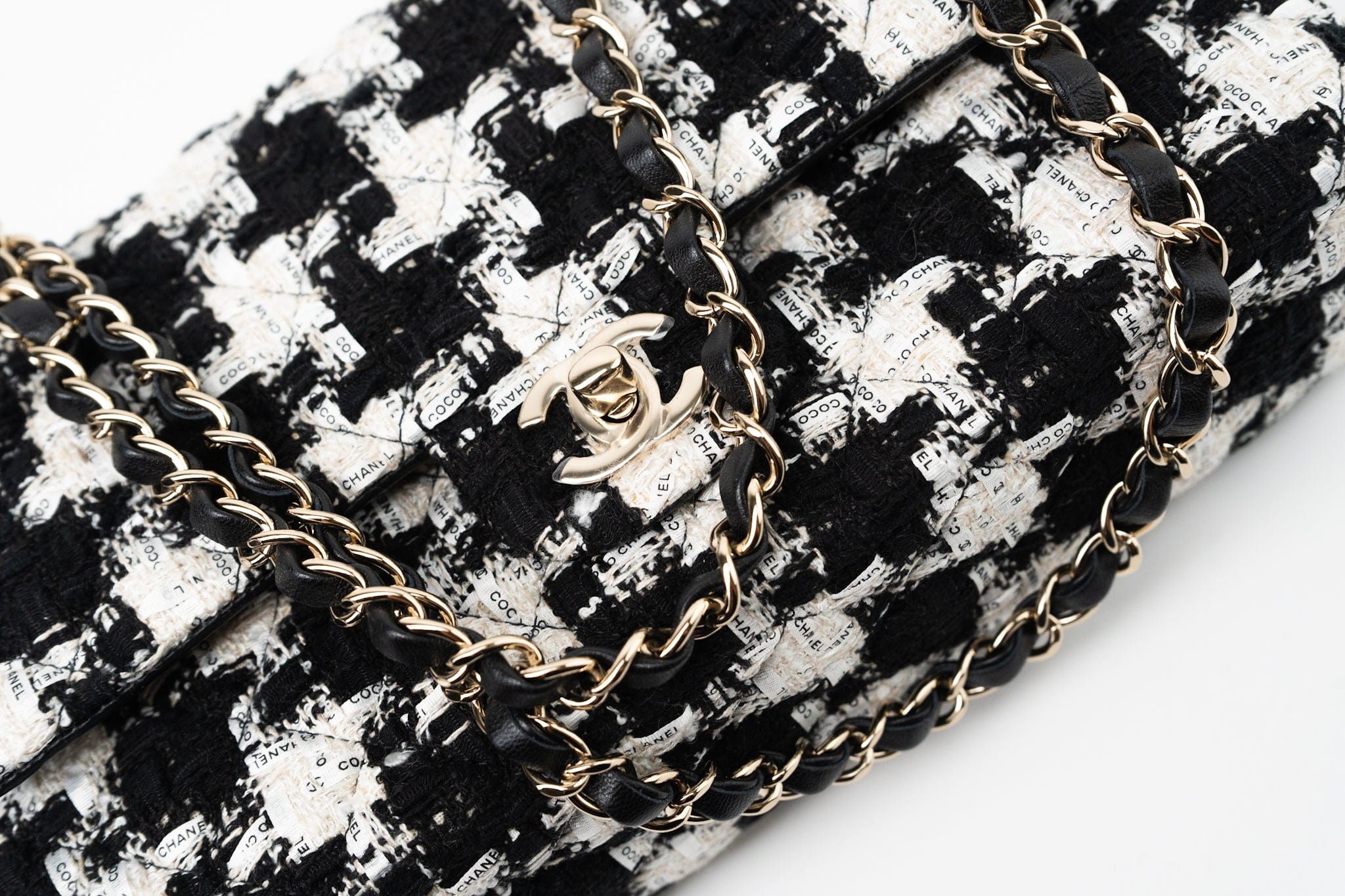 CHANEL Handbag 20S Ecru Black & White Tweed Quilted Medium Classic Flap LGHW - Redeluxe