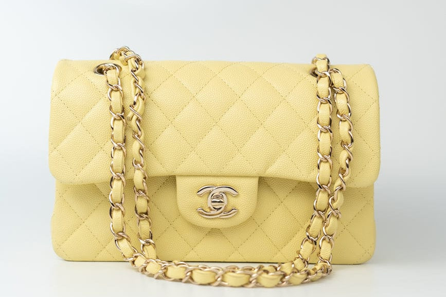 CHANEL Handbag 20S Yellow Caviar Quilted Classic Flap Small Light Gold Hardware - Redeluxe