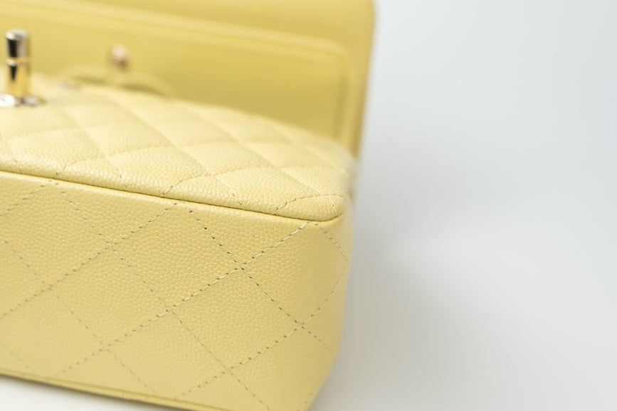CHANEL Handbag 20S Yellow Caviar Quilted Classic Flap Small Light Gold Hardware - Redeluxe