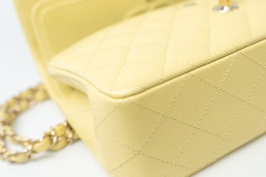 CHANEL Handbag 20S Yellow Caviar Quilted Classic Flap Small Light Gold Hardware - Redeluxe