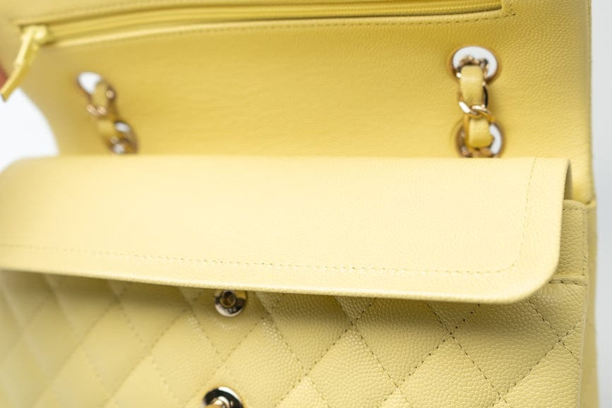 CHANEL Handbag 20S Yellow Caviar Quilted Classic Flap Small Light Gold Hardware - Redeluxe