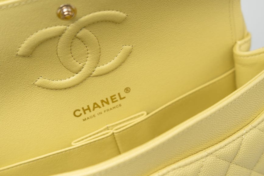 CHANEL Handbag 20S Yellow Caviar Quilted Classic Flap Small Light Gold Hardware - Redeluxe