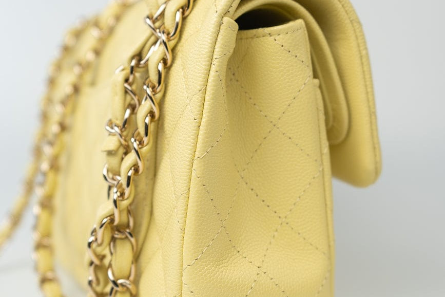 CHANEL Handbag 20S Yellow Caviar Quilted Classic Flap Small Light Gold Hardware - Redeluxe