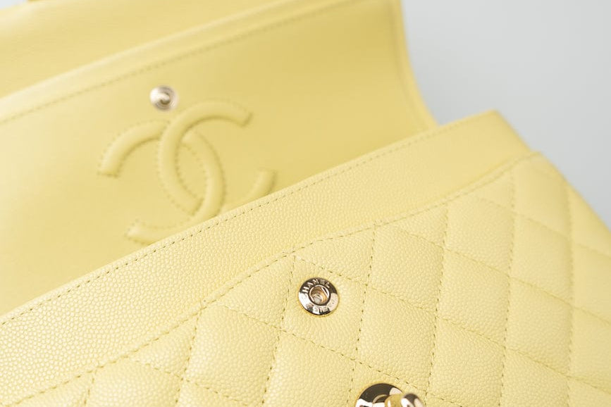 CHANEL Handbag 20S Yellow Caviar Quilted Classic Flap Small Light Gold Hardware - Redeluxe