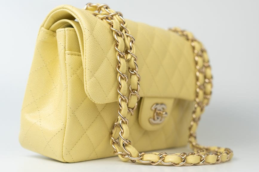 CHANEL Handbag 20S Yellow Caviar Quilted Classic Flap Small Light Gold Hardware - Redeluxe