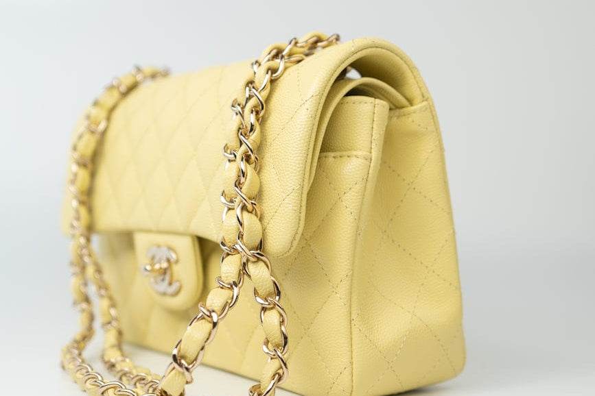 CHANEL Handbag 20S Yellow Caviar Quilted Classic Flap Small Light Gold Hardware - Redeluxe