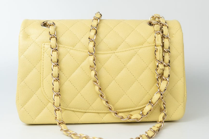 CHANEL Handbag 20S Yellow Caviar Quilted Classic Flap Small Light Gold Hardware - Redeluxe