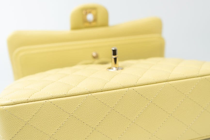 CHANEL Handbag 20S Yellow Caviar Quilted Classic Flap Small Light Gold Hardware - Redeluxe