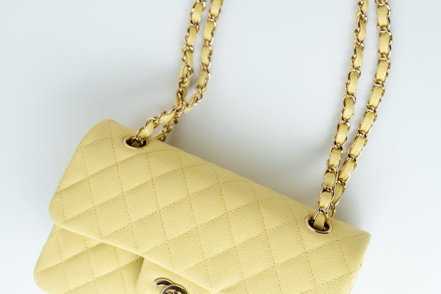 CHANEL Handbag 20S Yellow Caviar Quilted Classic Flap Small Light Gold Hardware - Redeluxe
