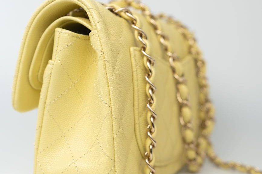 CHANEL Handbag 20S Yellow Caviar Quilted Classic Flap Small Light Gold Hardware - Redeluxe