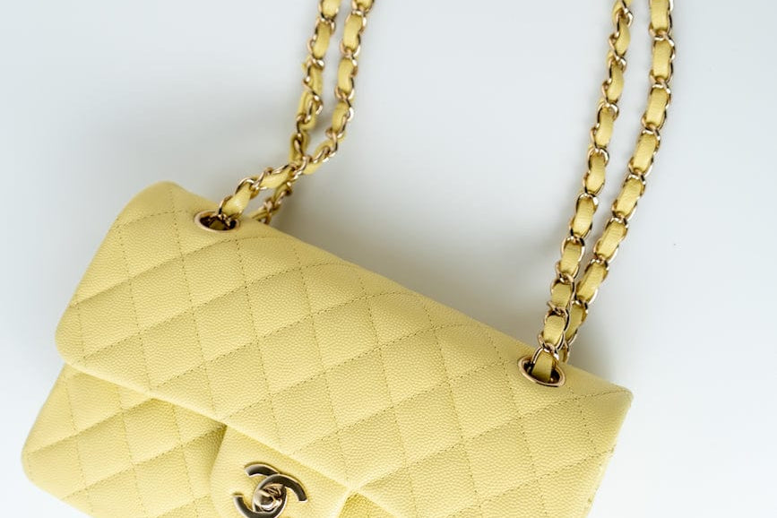 CHANEL Handbag 20S Yellow Caviar Quilted Classic Flap Small Light Gold Hardware - Redeluxe