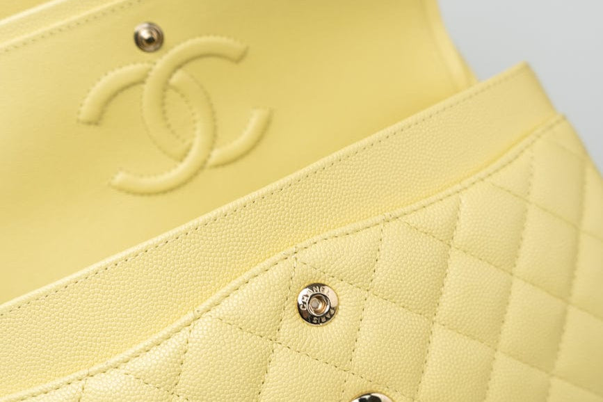 CHANEL Handbag 20S Yellow Caviar Quilted Classic Flap Small Light Gold Hardware - Redeluxe