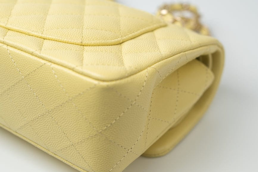 CHANEL Handbag 20S Yellow Caviar Quilted Classic Flap Small Light Gold Hardware - Redeluxe