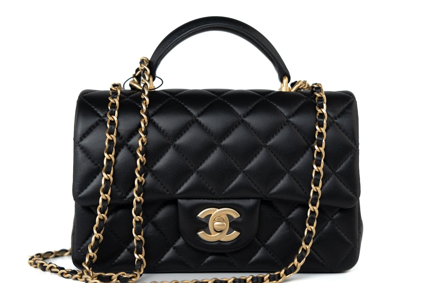 CHANEL Handbag 21A Black Lambskin Quilted Mini Top Handle Antique Gold Hardware - Redeluxe