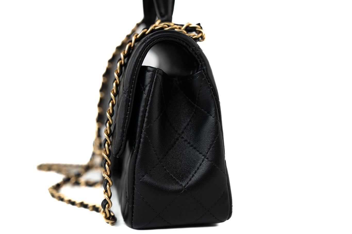 CHANEL Handbag 21A Black Lambskin Quilted Mini Top Handle Antique Gold Hardware - Redeluxe