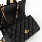CHANEL Handbag 21A Black Lambskin Quilted Mini Top Handle Antique Gold Hardware - Redeluxe