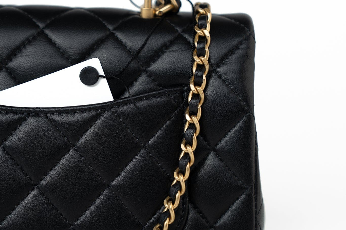 CHANEL Handbag 21A Black Lambskin Quilted Mini Top Handle Antique Gold Hardware - Redeluxe