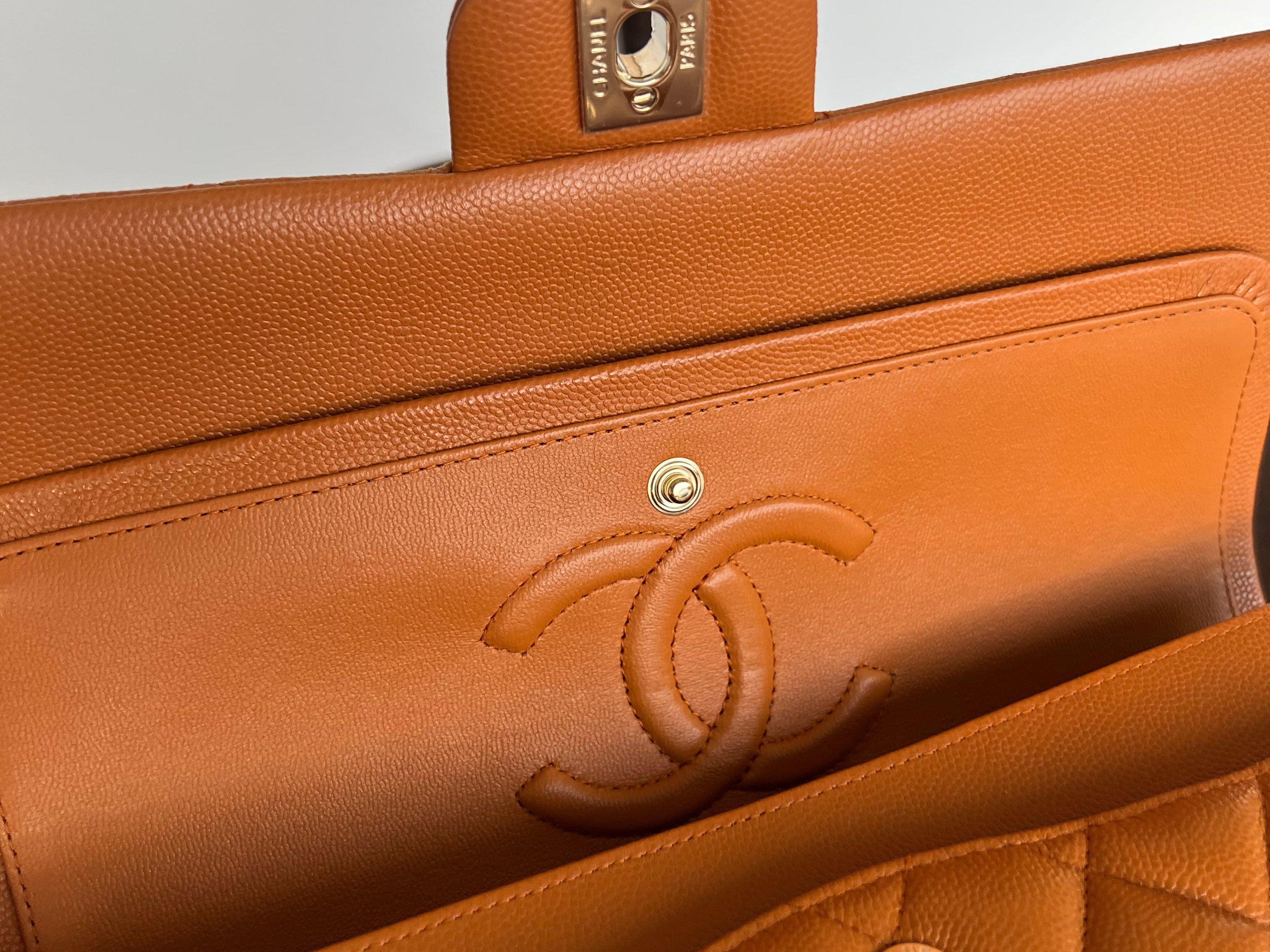 CHANEL Handbag 21A Caramel / Light Brown Caviar Quilted Classic Flap LGHW - Redeluxe
