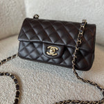 CHANEL Handbag 21A Dark Brown Lambskin Quilted Mini Rectangular Single Flap Light Gold Hardware - Redeluxe