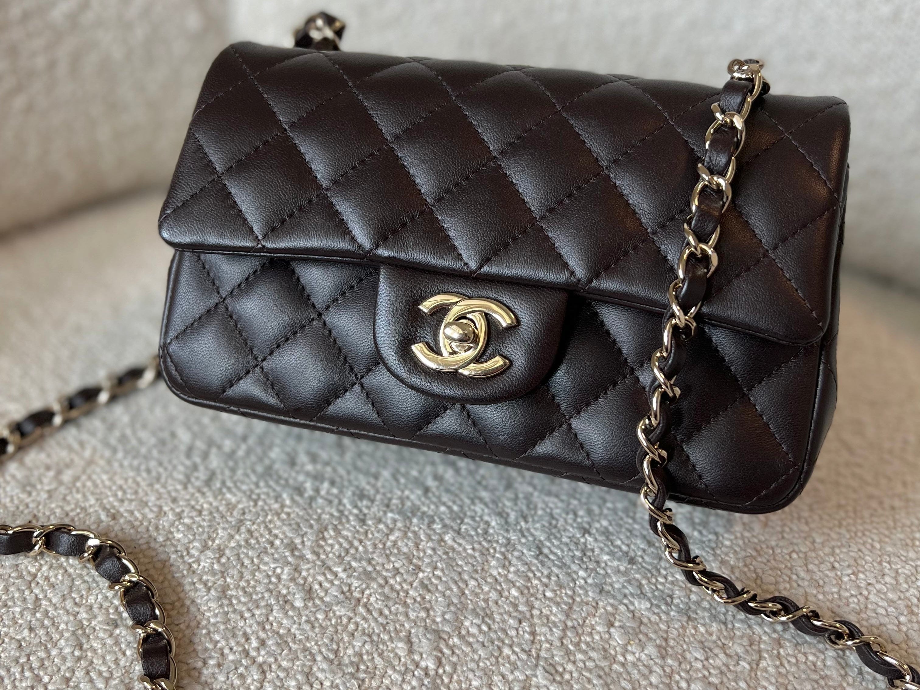 CHANEL Handbag 21A Dark Brown Lambskin Quilted Mini Rectangular Single Flap Light Gold Hardware - Redeluxe