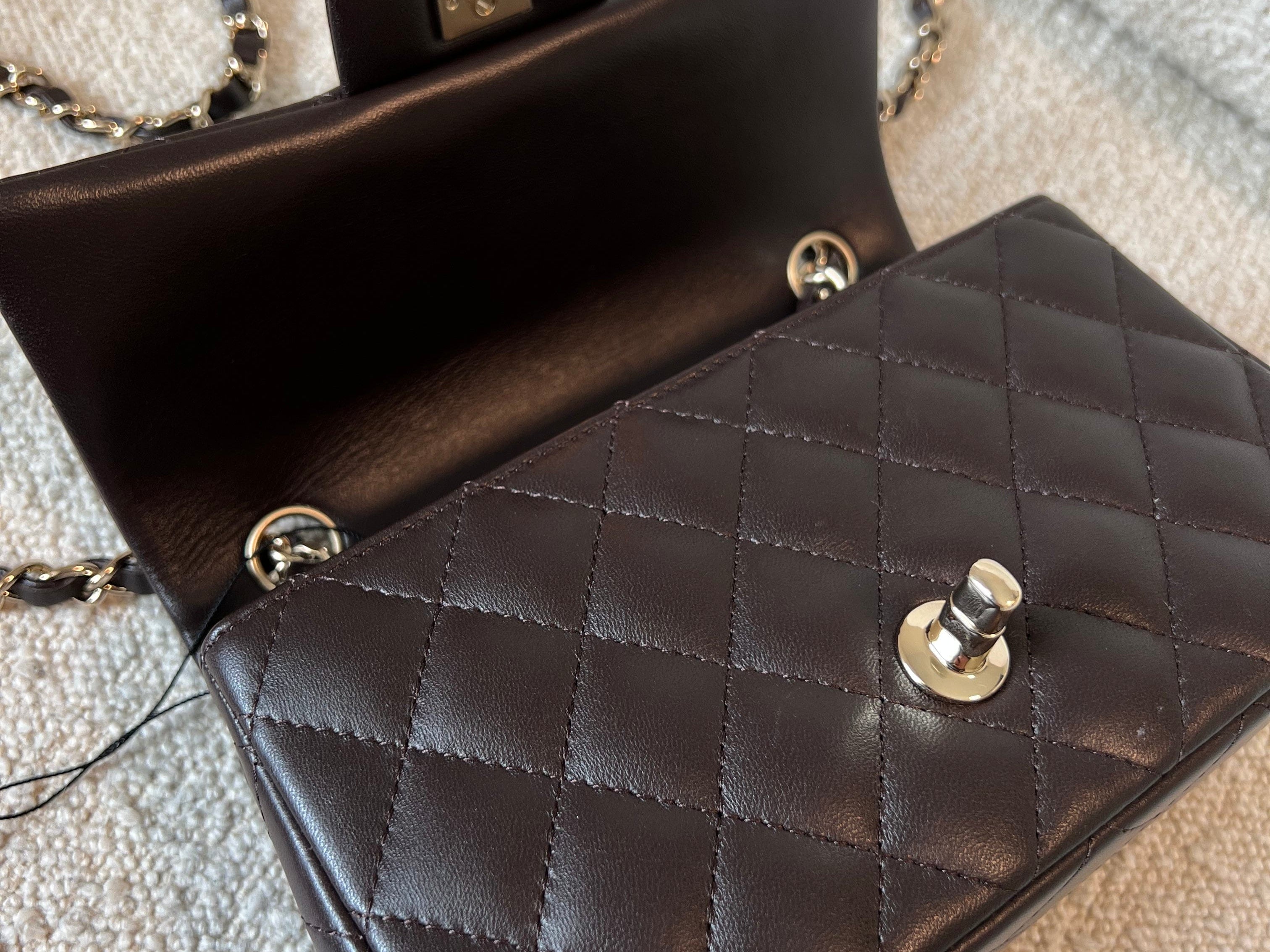 CHANEL Handbag 21A Dark Brown Lambskin Quilted Mini Rectangular Single Flap Light Gold Hardware - Redeluxe