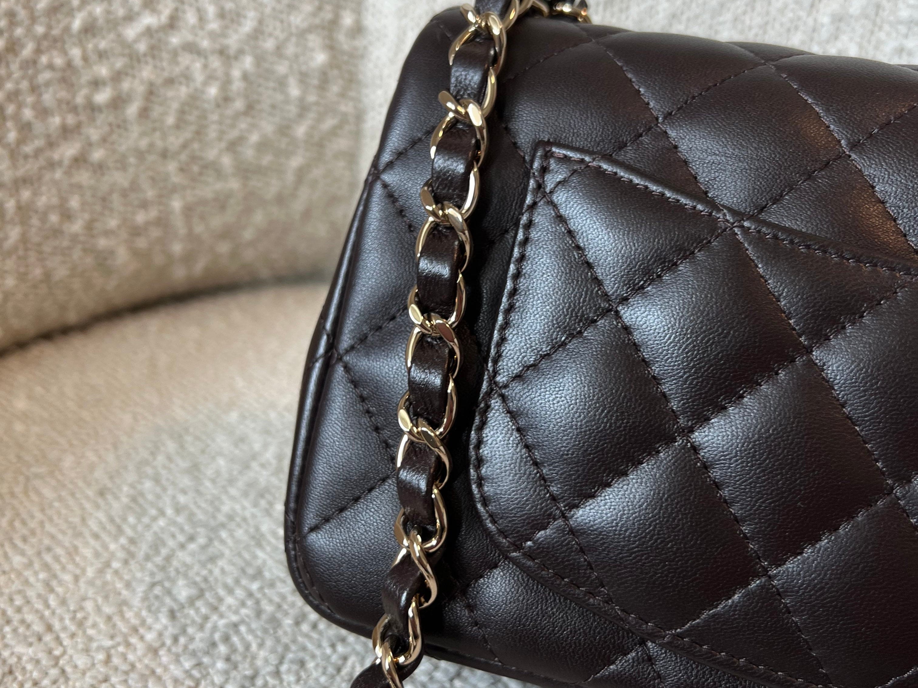 CHANEL Handbag 21A Dark Brown Lambskin Quilted Mini Rectangular Single Flap Light Gold Hardware - Redeluxe