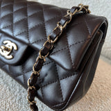 CHANEL Handbag 21A Dark Brown Lambskin Quilted Mini Rectangular Single Flap Light Gold Hardware - Redeluxe