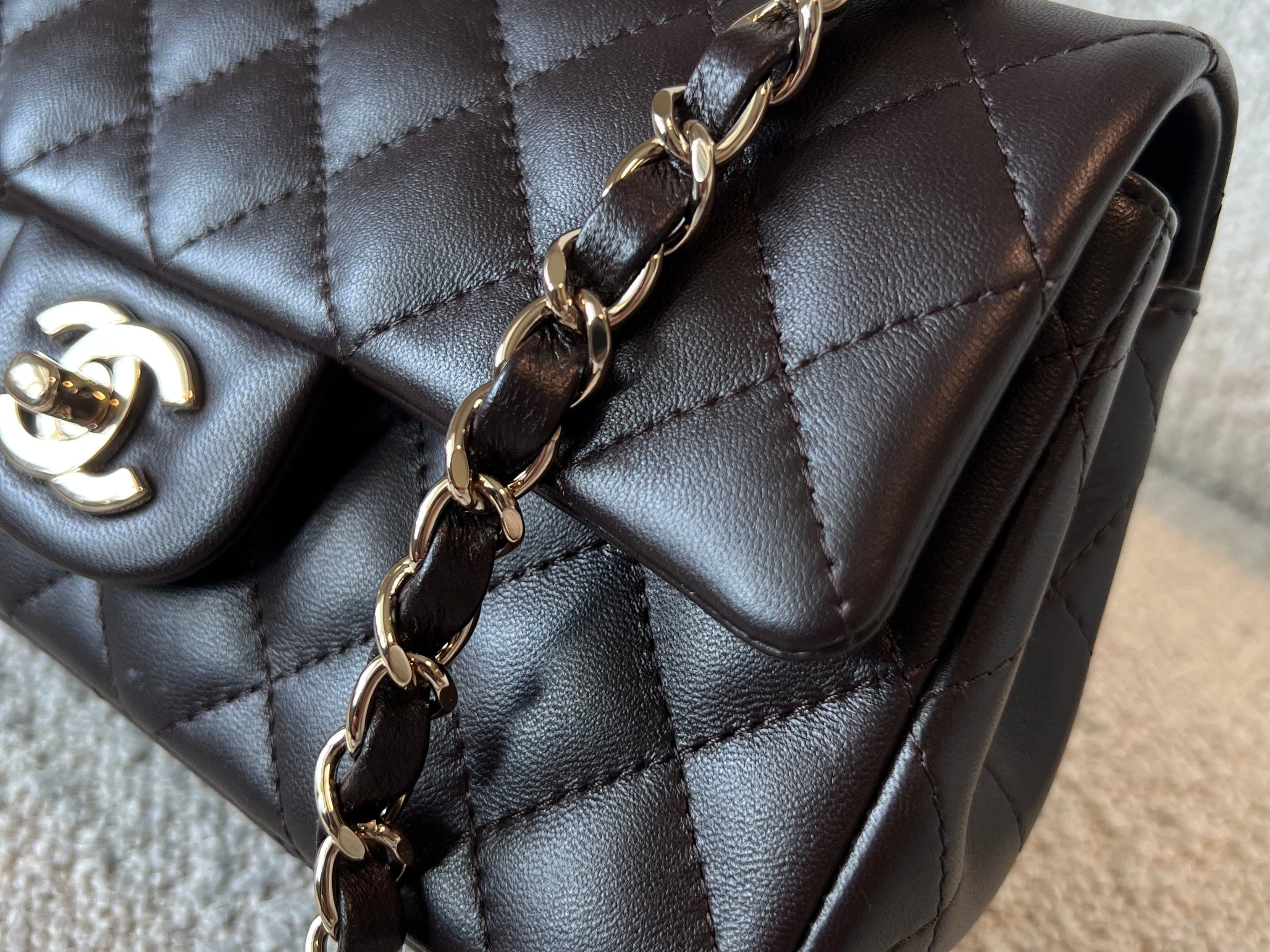 CHANEL Handbag 21A Dark Brown Lambskin Quilted Mini Rectangular Single Flap Light Gold Hardware - Redeluxe