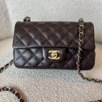 CHANEL Handbag 21A Dark Brown Lambskin Quilted Mini Rectangular Single Flap Light Gold Hardware - Redeluxe