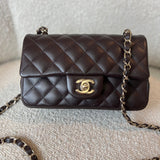 CHANEL Handbag 21A Dark Brown Lambskin Quilted Mini Rectangular Single Flap Light Gold Hardware - Redeluxe