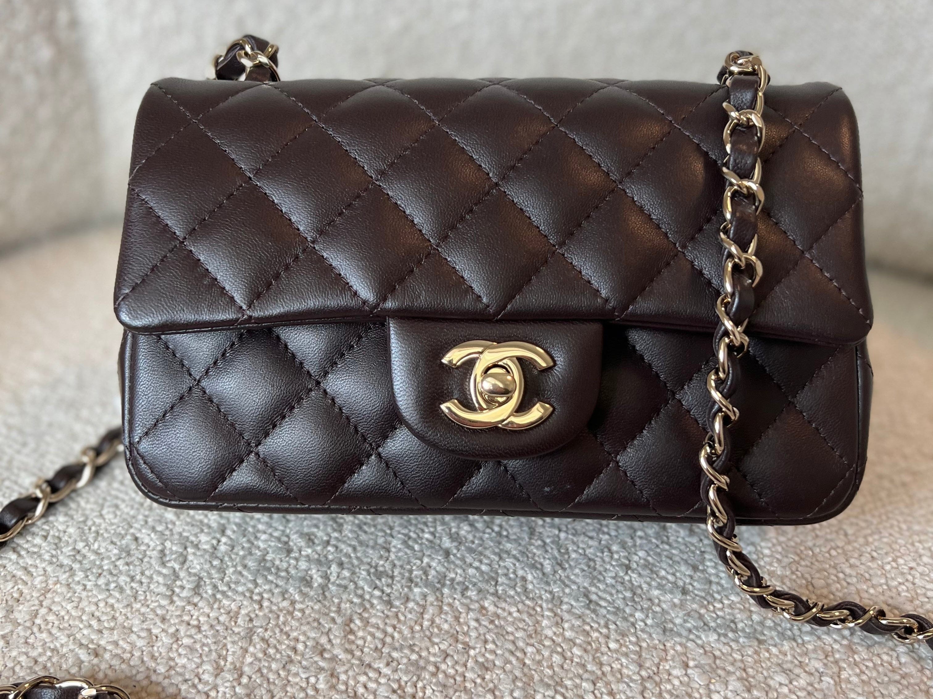 CHANEL Handbag 21A Dark Brown Lambskin Quilted Mini Rectangular Single Flap Light Gold Hardware - Redeluxe