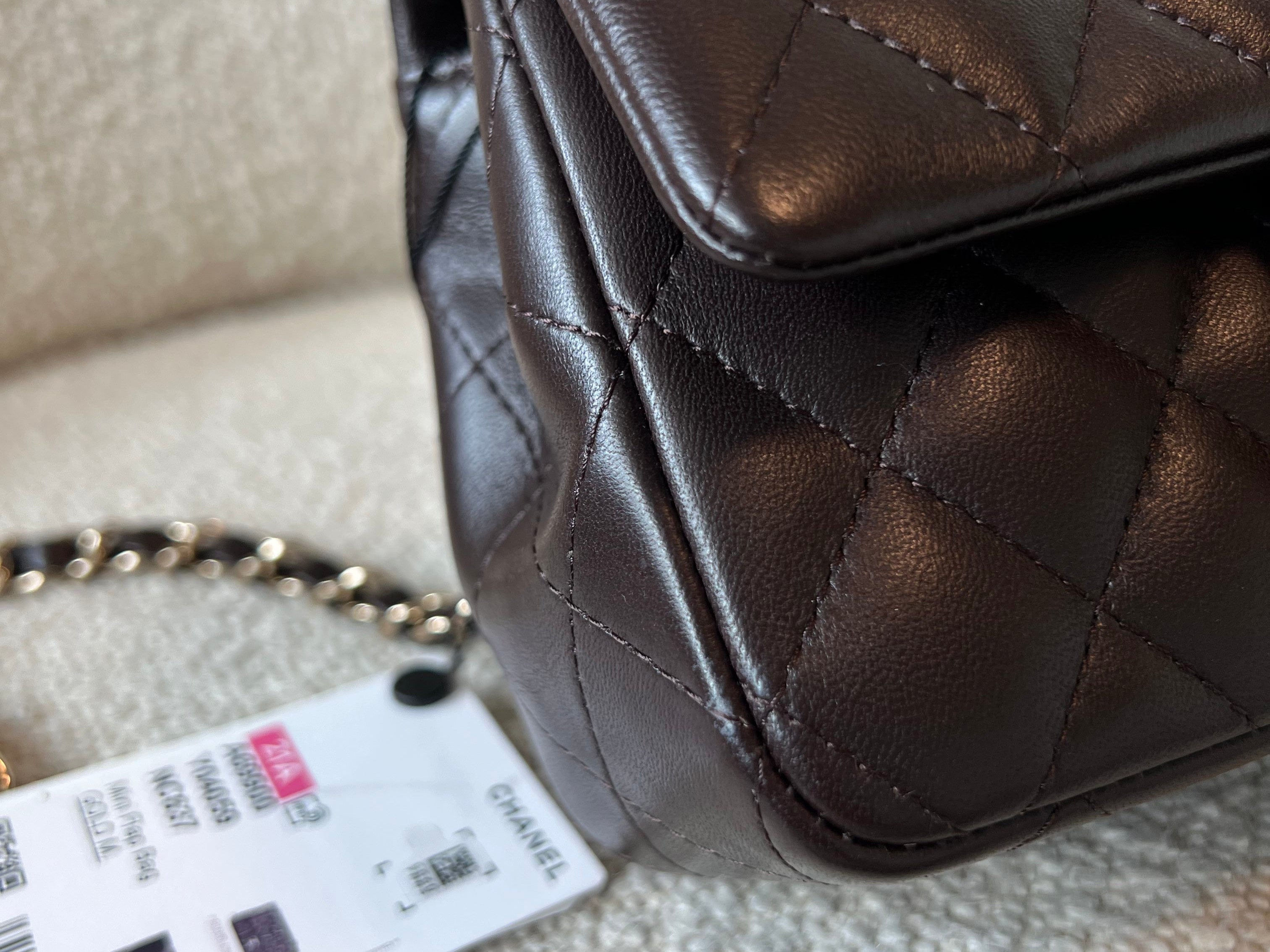 CHANEL Handbag 21A Dark Brown Lambskin Quilted Mini Rectangular Single Flap Light Gold Hardware - Redeluxe