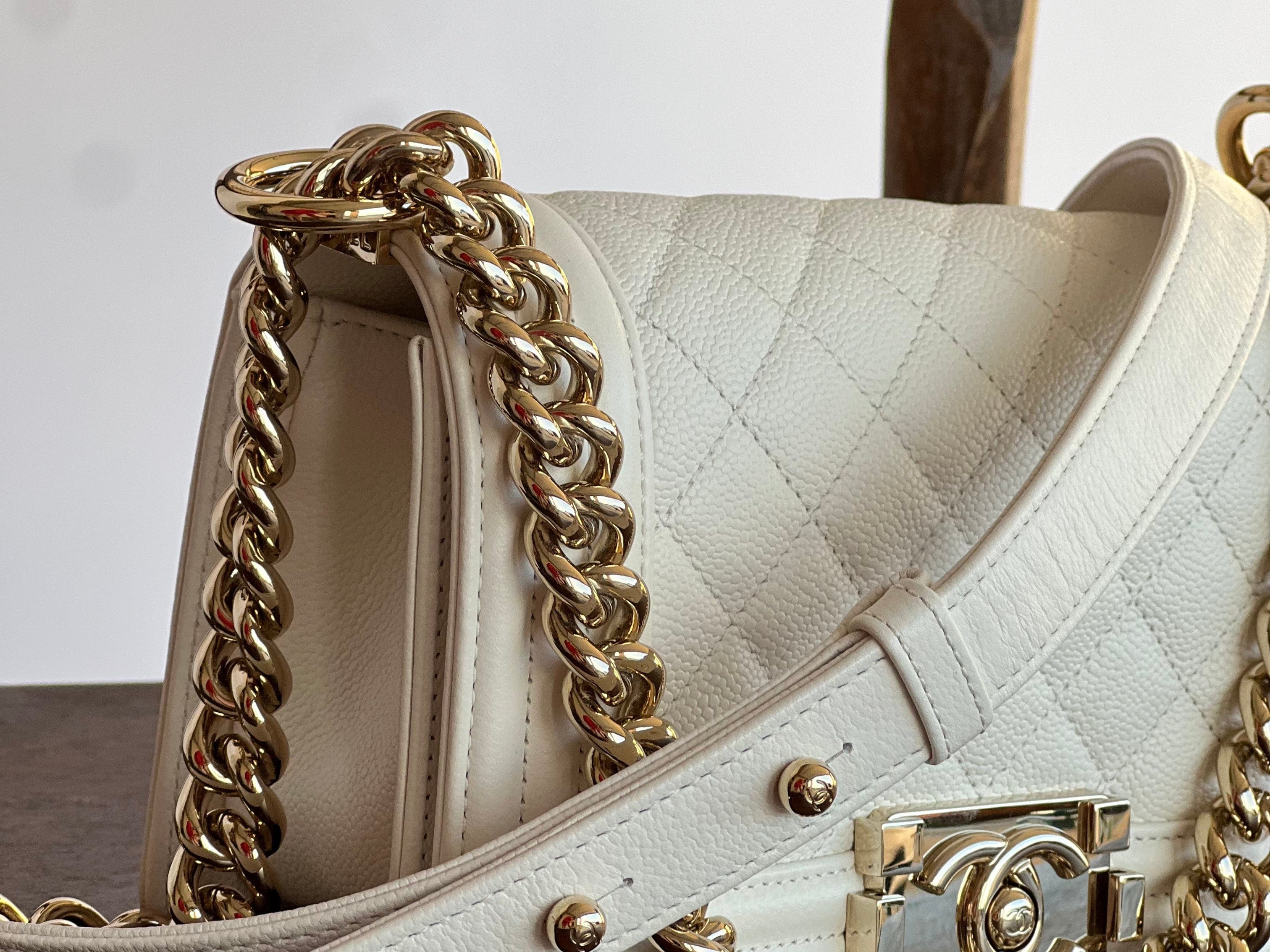 CHANEL Handbag 21A White Caviar Quilted Small Boy Bag LGHW - Redeluxe