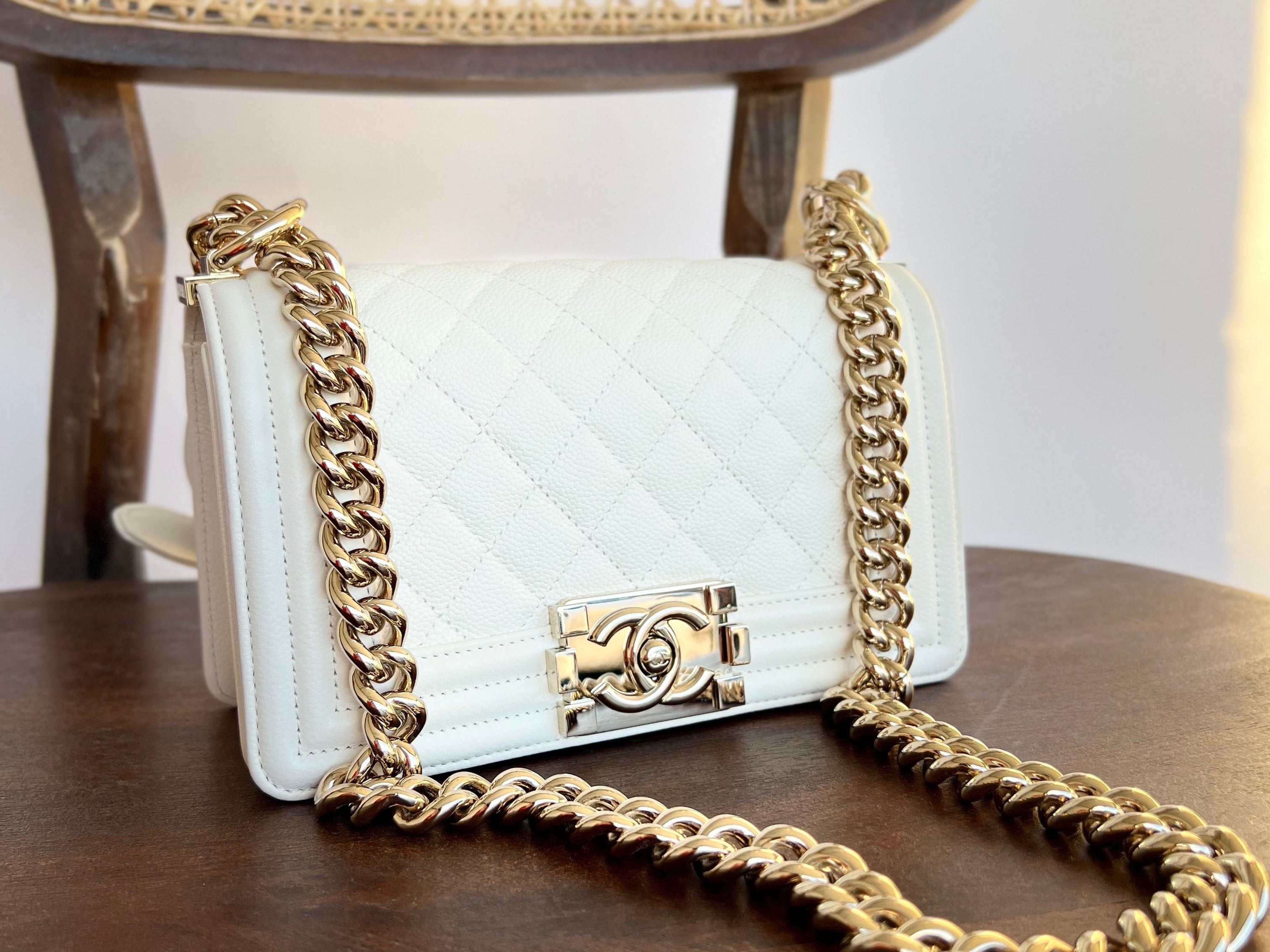 CHANEL Handbag 21A White Caviar Quilted Small Boy Bag LGHW - Redeluxe