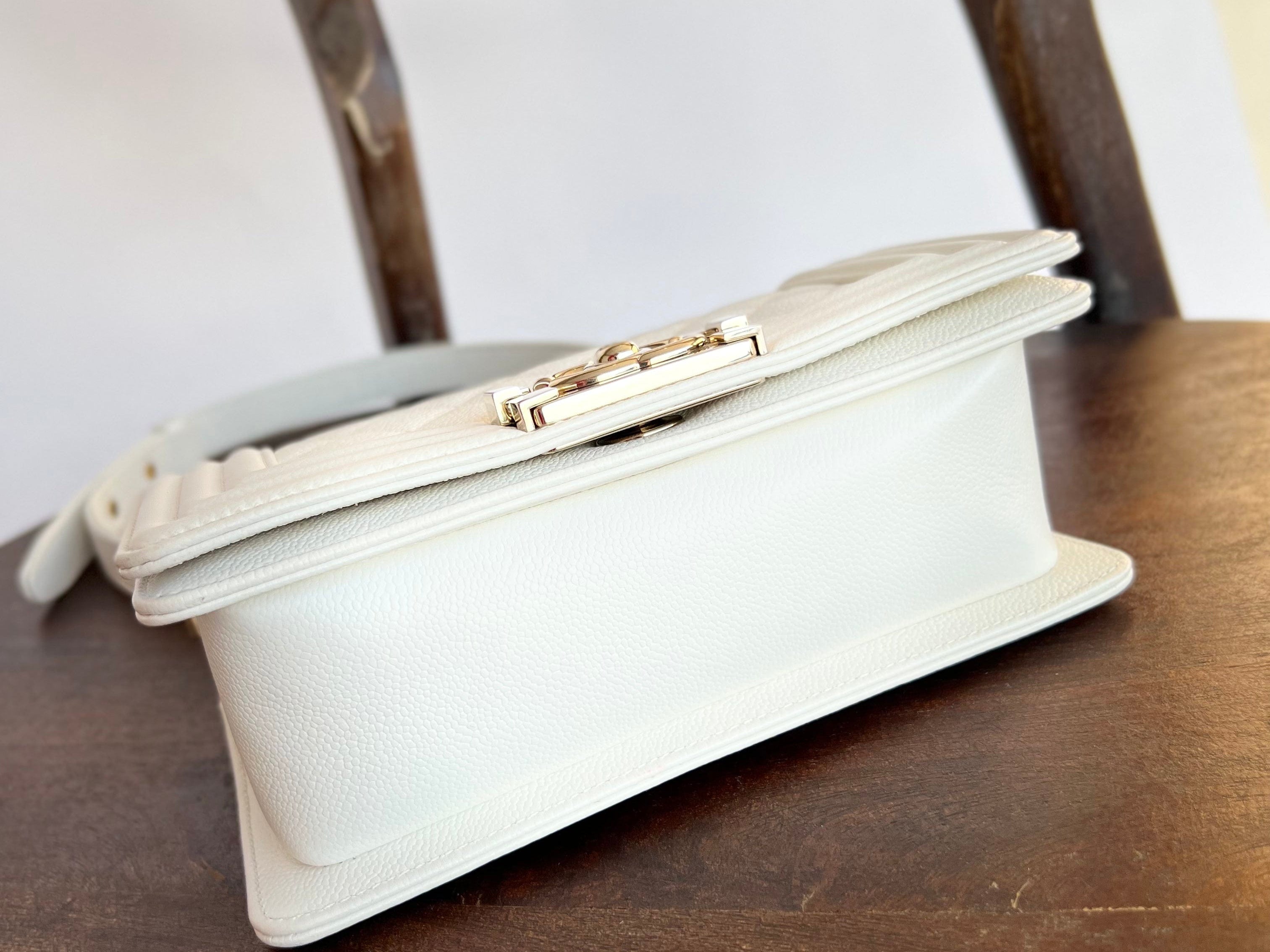 CHANEL Handbag 21A White Caviar Quilted Small Boy Bag LGHW - Redeluxe