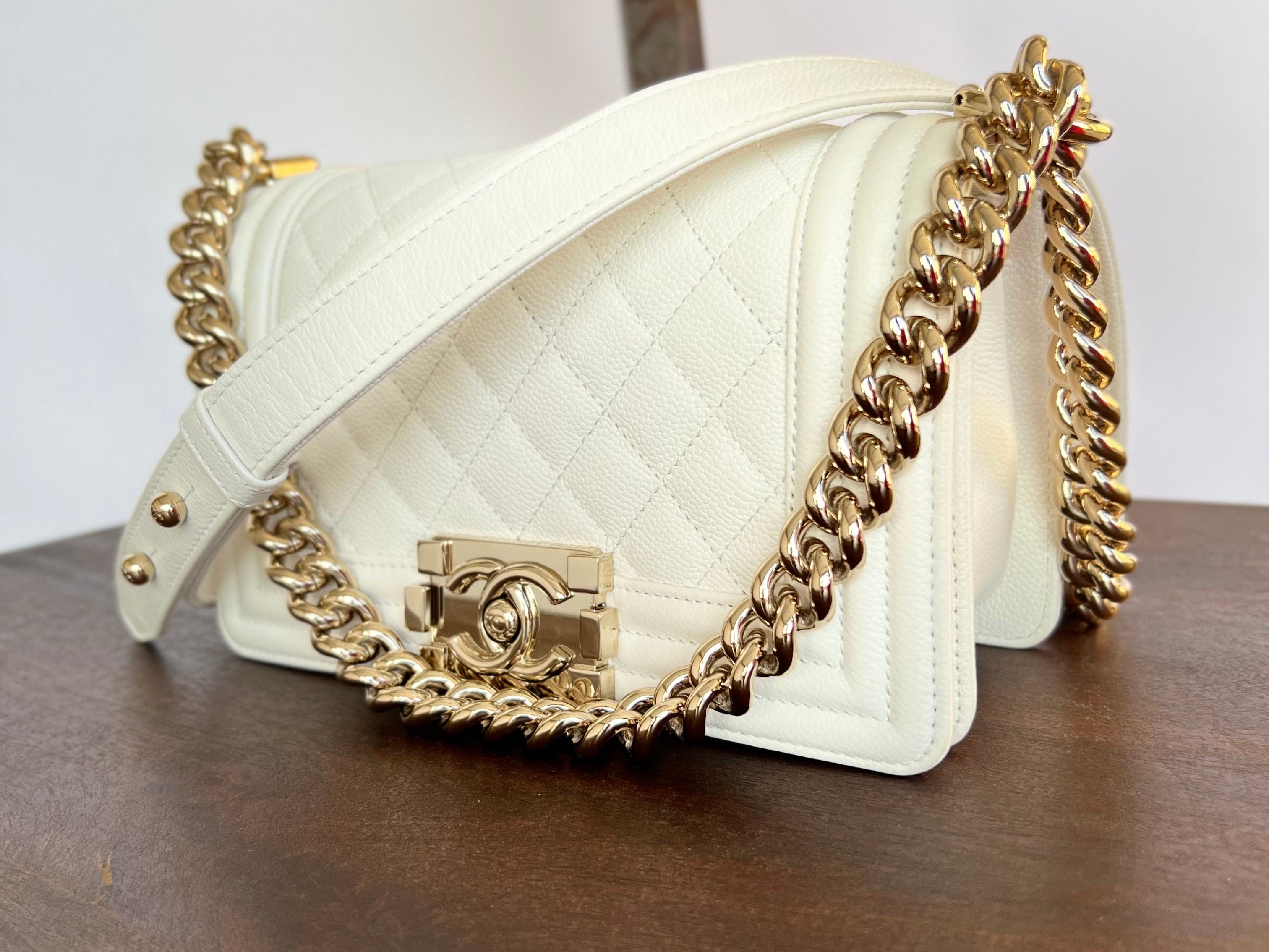 CHANEL Handbag 21A White Caviar Quilted Small Boy Bag LGHW - Redeluxe