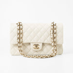 CHANEL Handbag 21A White/ Ivory Caviar Quilted Classic Flap Medium Light Gold Hardware - Redeluxe