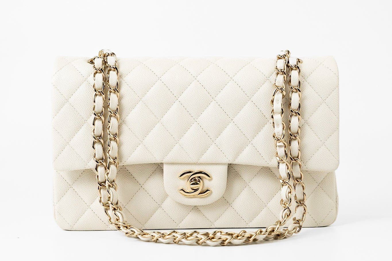 CHANEL Handbag 21A White/ Ivory Caviar Quilted Classic Flap Medium Light Gold Hardware - Redeluxe