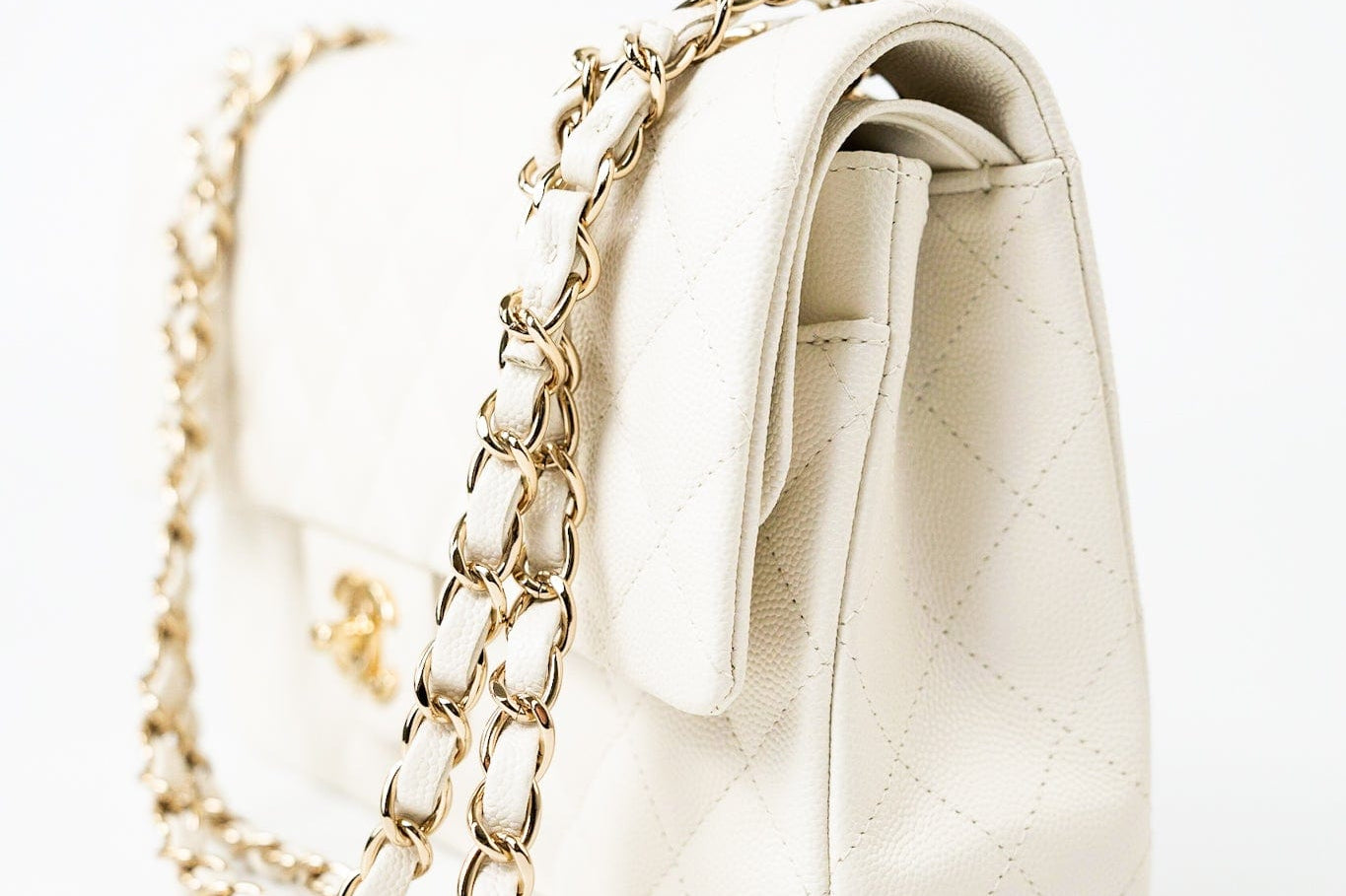 CHANEL Handbag 21A White/ Ivory Caviar Quilted Classic Flap Medium Light Gold Hardware - Redeluxe
