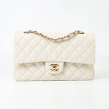 CHANEL Handbag 21A White/ Ivory Caviar Quilted Classic Flap Medium Light Gold Hardware - Redeluxe