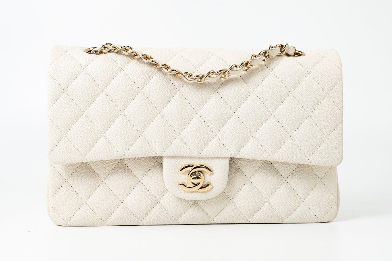 CHANEL Handbag 21A White/ Ivory Caviar Quilted Classic Flap Medium Light Gold Hardware - Redeluxe