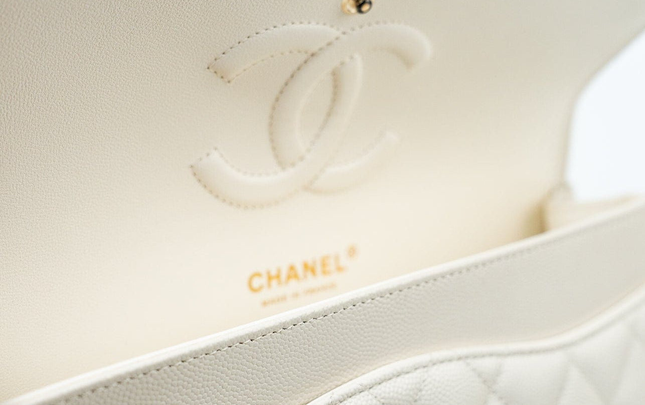 CHANEL Handbag 21A White/ Ivory Caviar Quilted Classic Flap Medium Light Gold Hardware - Redeluxe